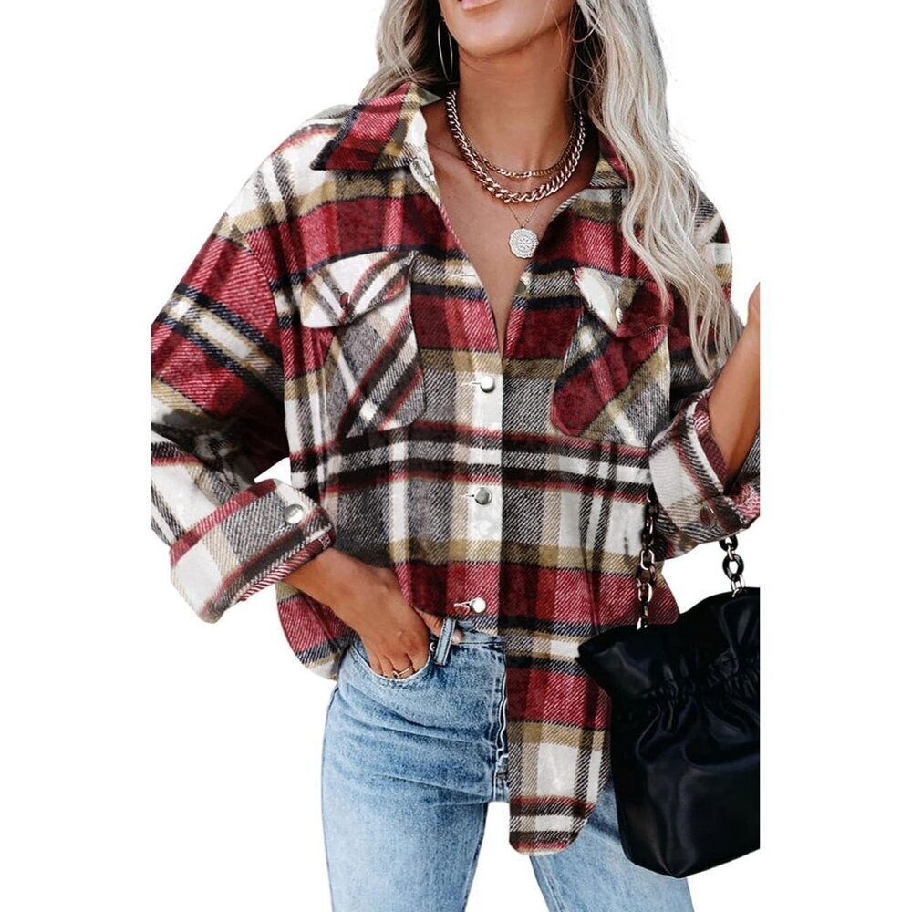 🆕Women Red Collared V Neck Button Down Oversized Long Sleeve Shirt Top